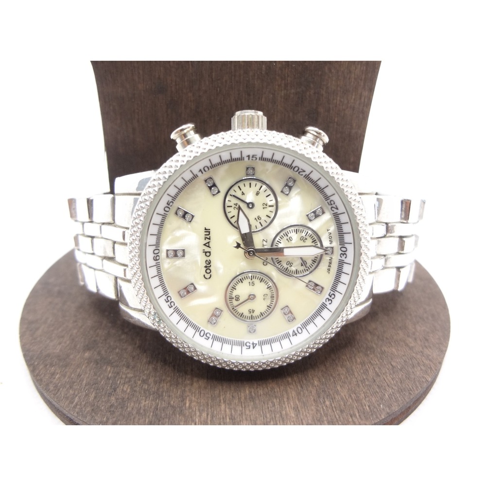 Cote d'Azur Chronograph Watch Silver MOP Dial Good Crystal Accents Japanese - Picture 2 of 9